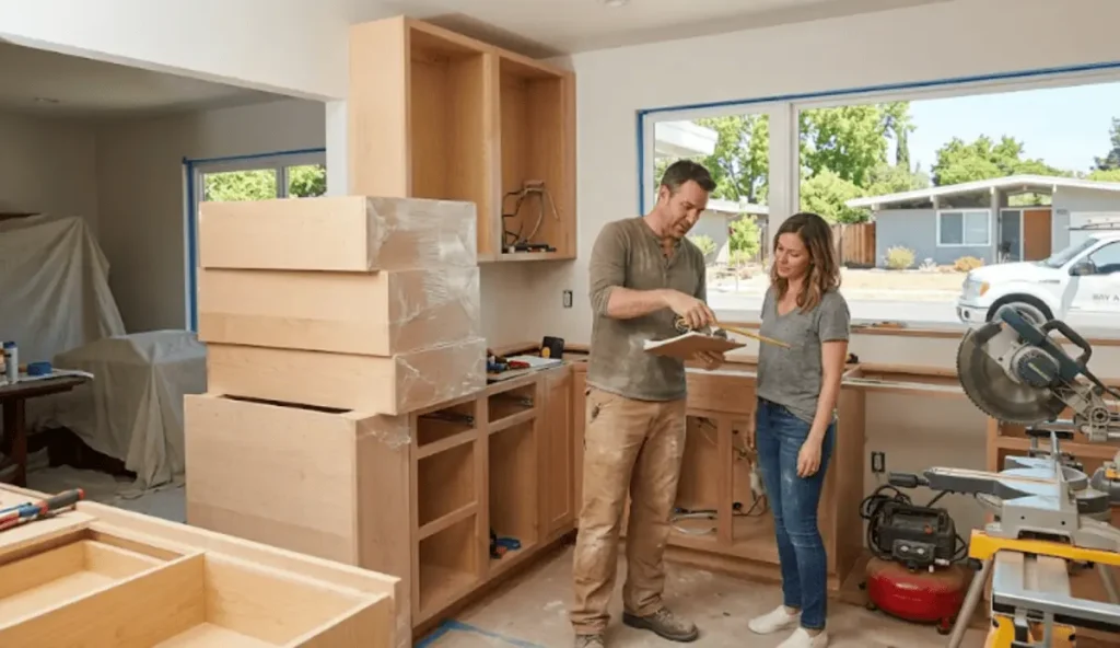 Professional contractor and homeowner reviewing kitchen remodel plans in a Sunnyvale home.