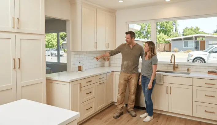 Modern kitchen featuring white cabinets, quartz countertops, and a subway tile backsplash.