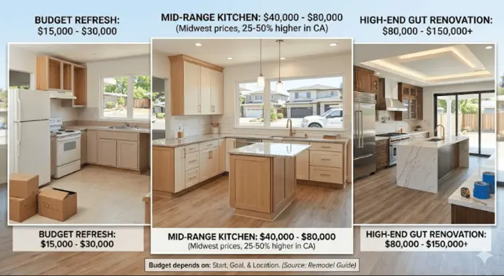 Comparison graphic showing different kitchen renovation levels from budget refresh to high-end gut renovation.